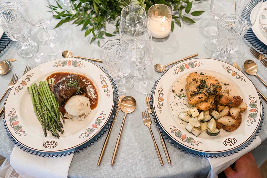 Wedding table with GVG beef short ribs and parmesan crusted chicken.