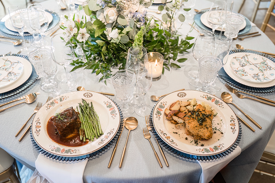 Seated Dinner by GVG Chefs Wedding table with GVG beef short ribs and parmesan crusted chicken.