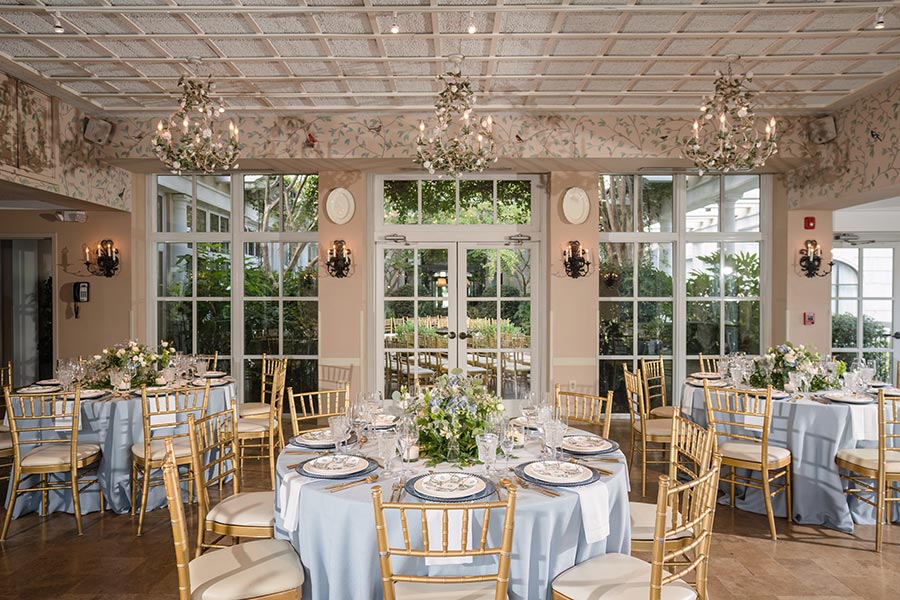 Featured in MarryMeNC, a spring wedding styled in dusty blue, in the Pavilion at O.Henry Hotel. Photo by In His Image Photography