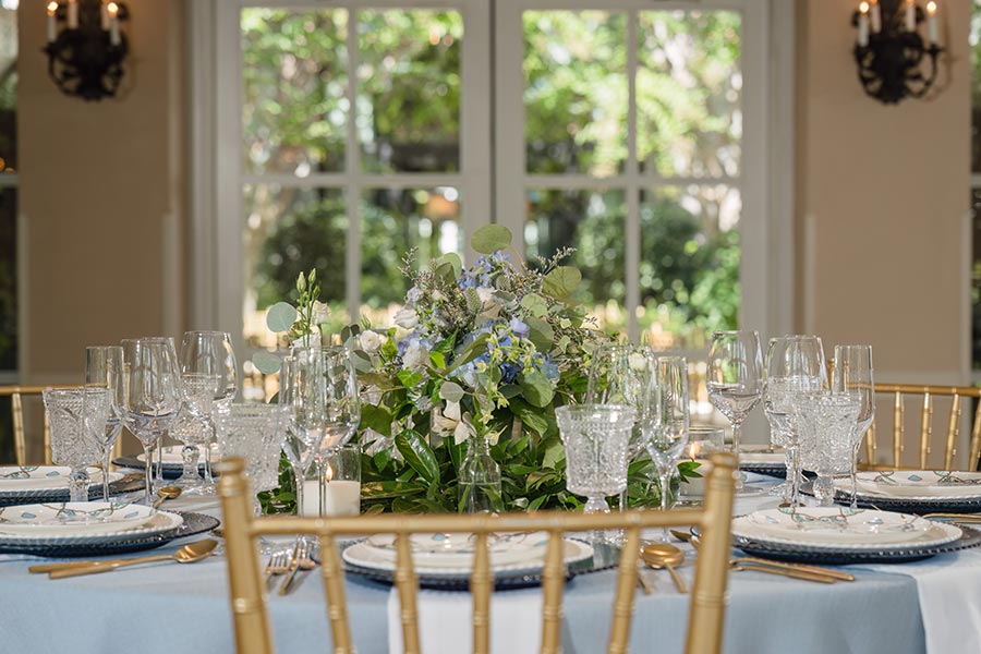 Featured in MarryMeNC, a spring wedding styled in dusty blue, in the Pavilion at O.Henry Hotel.
