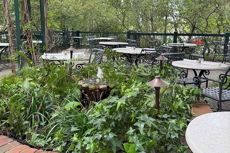 GVG Courtyard Dining The lush Green Valley Grill Courtyard with bubbling fountain, a shaded and breezy place for brunch, lunch, and dinner.
