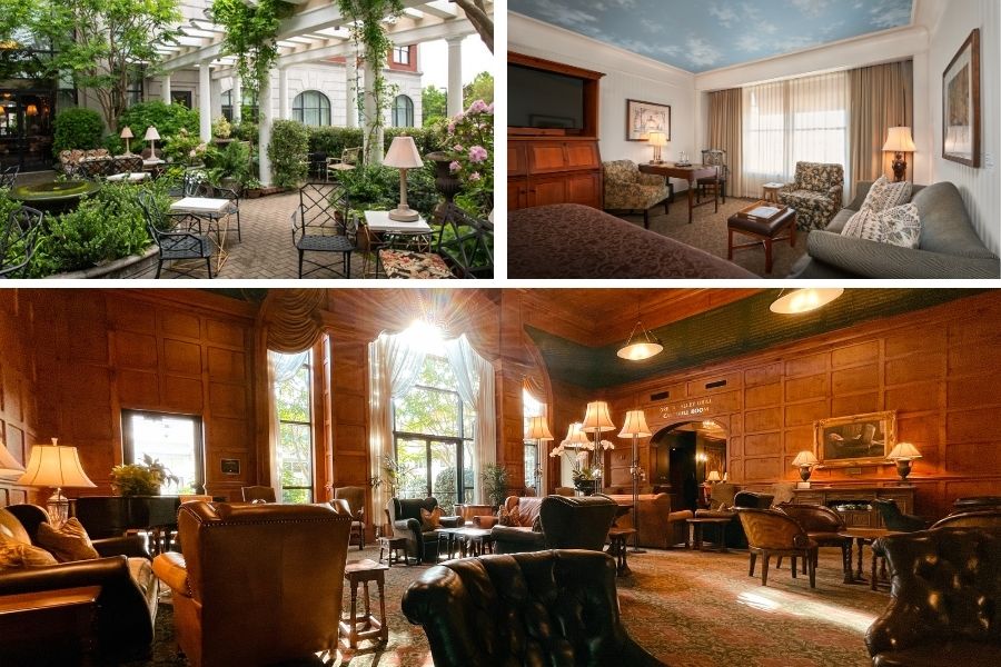 OH_Jazz_Brunch_Package O.Henry Hotel Collage: Daylight Cloister Garden, King Room, and a large photo of the welcoming social lobby.