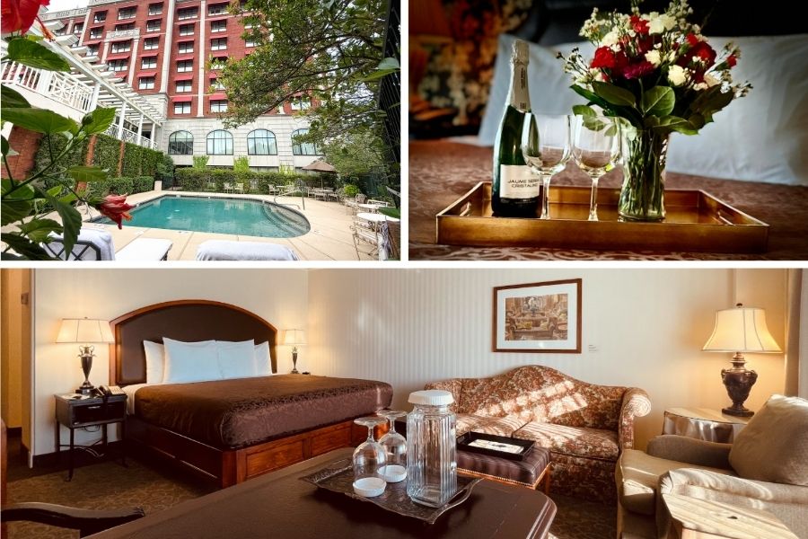 A collage of the O.Henry Hotel pool, a King Room, and a tray with roses and champagne placed on a bed.