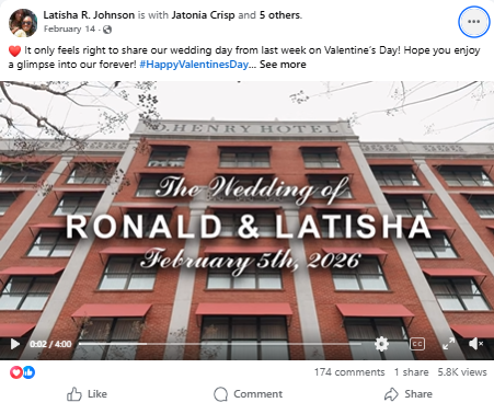 Latisha & Ronald | Video by Daniel Bridges Social Post from Facebook with link to video