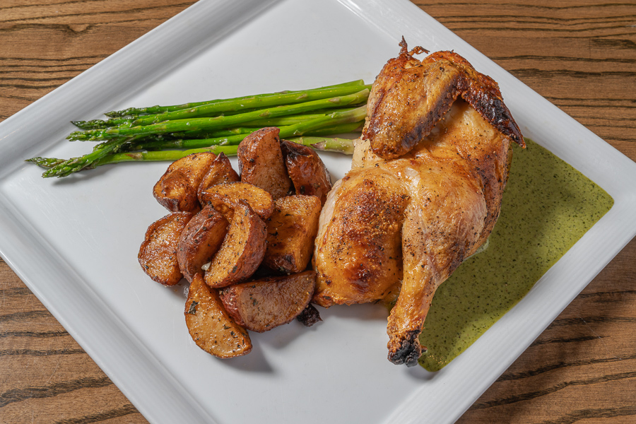 Rotisserie Chicken Rotisserie Chicken, za’atar salsa verde, Greek roasted potatoes, asparagus